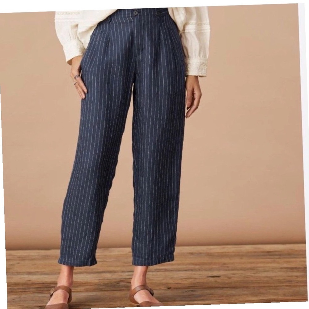 Sundance Linen Pinstripe Pants Navy Blue High Waist‎ Trousers Women 16
